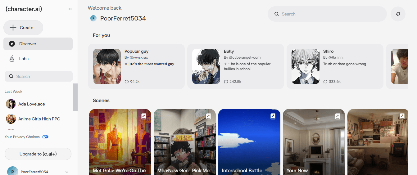 Character AI homepage