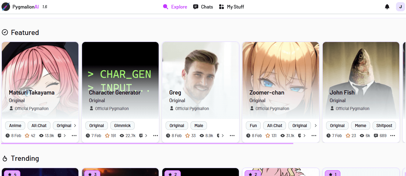Pygmalion AI explore page