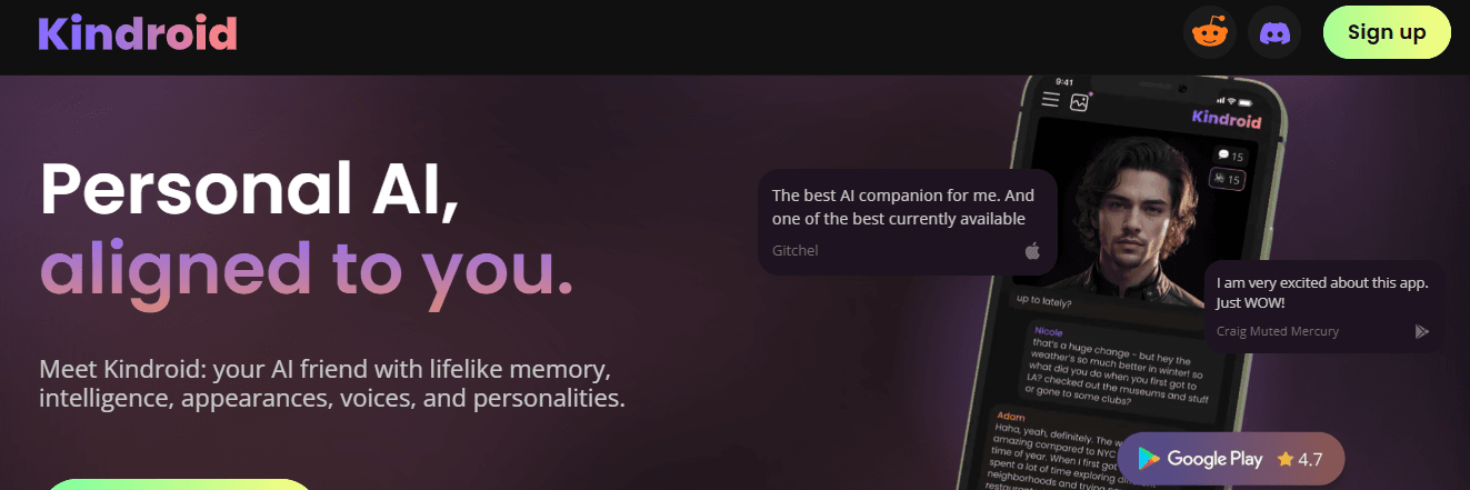 Kindroid homepage